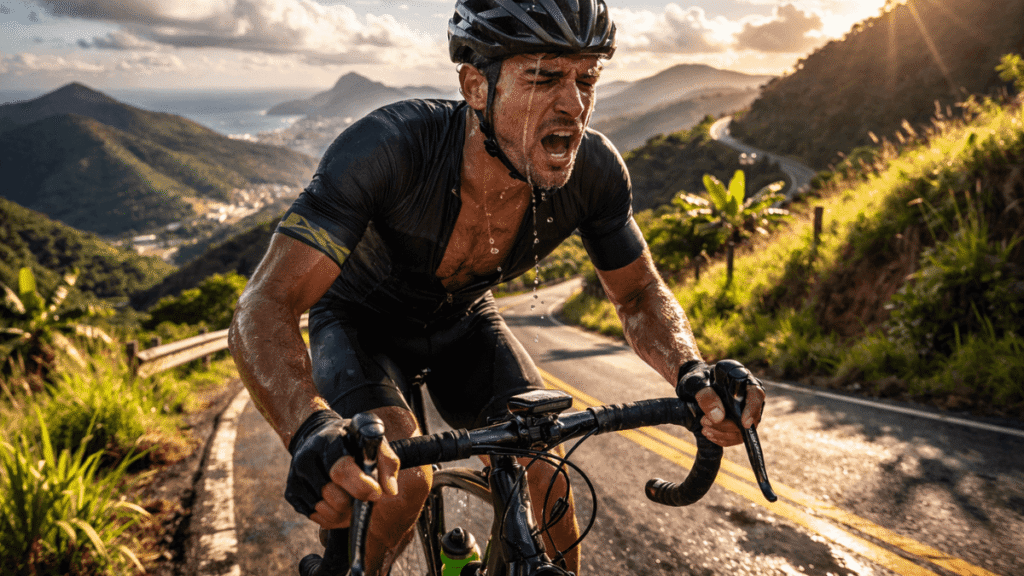 Ciclista pedalando em subida íngreme com expressão de esforço intenso e suor excessivo durante treino de alta intensidade no ciclismo