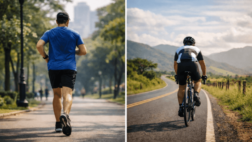 Comparação entre corrida e ciclismo mostrando homem correndo em parque e ciclista pedalando em estrada para analisar qual esporte queima mais calorias em 1 hora