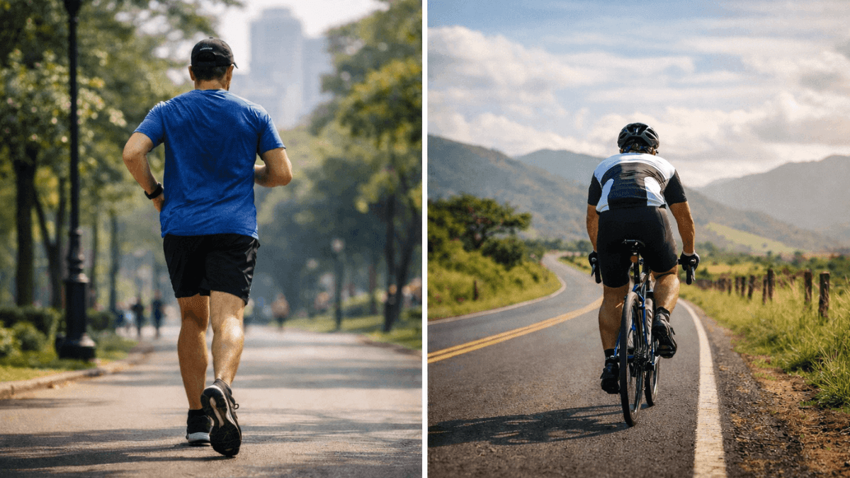 Comparação entre corrida e ciclismo mostrando homem correndo em parque e ciclista pedalando em estrada para analisar qual esporte queima mais calorias em 1 hora