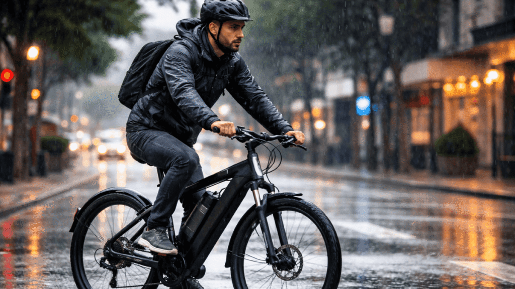 Homem pedalando bicicleta elétrica na chuva em área urbana demonstrando uso seguro em dias chuvosos