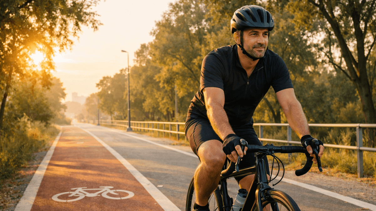 Homem pedalando bicicleta em ciclovia urbana ao pôr do sol demonstrando mobilidade ativa e prática regular de ciclismo