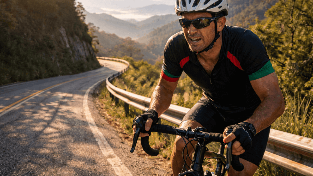 Ciclista realizando subida intensa em estrada de montanha demonstrando esforço máximo e treino de resistência no ciclismo