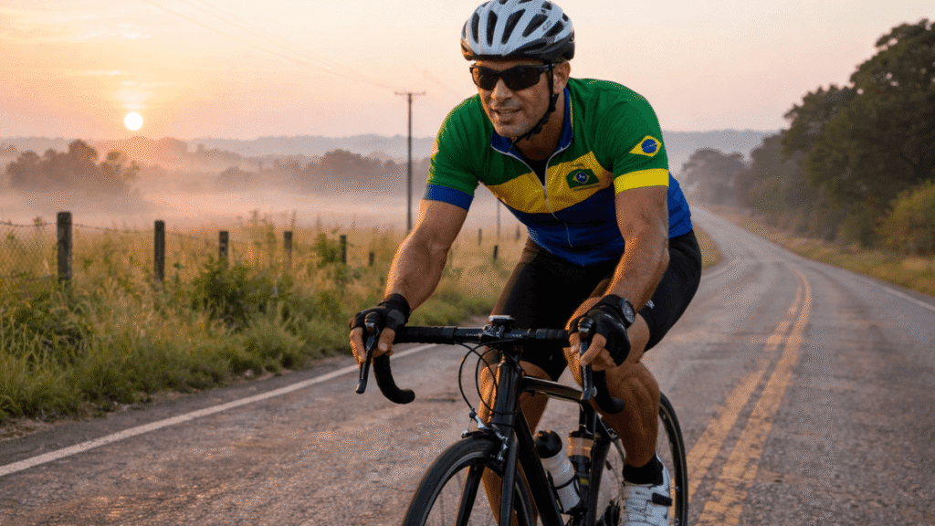 ciclista iniciante pedalando em estrada rural