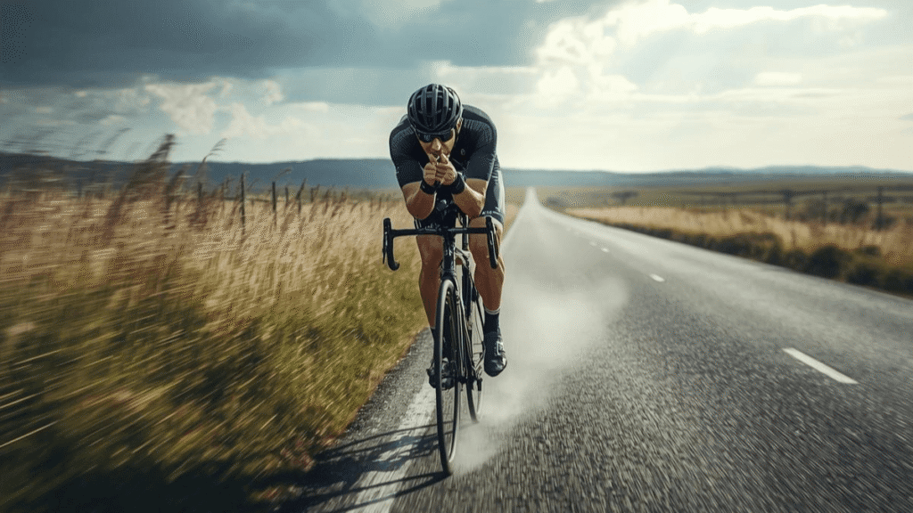 ciclista pedalando contra vento forte em estrada