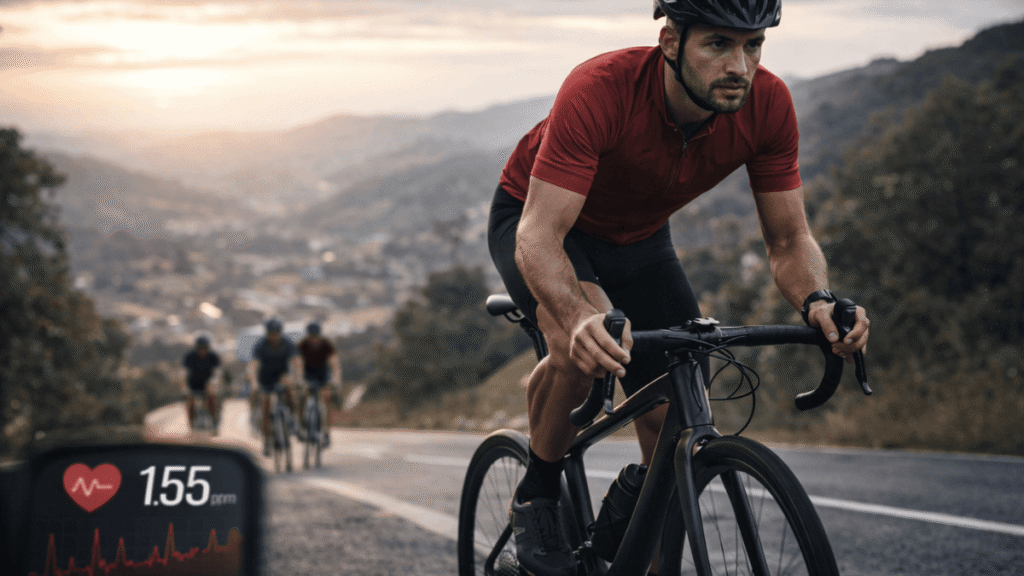 Ciclista de estrada treinando resistência em subida enquanto monitora a frequência cardíaca para melhorar o condicionamento no ciclismo.