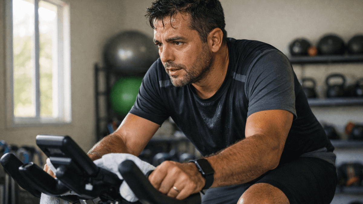 Ciclista amador brasileiro fazendo spinning em academia durante treino indoor intenso