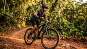 Ciclista pedalando bicicleta barata aro 29 em trilha de terra vermelha na Mata Atlântica brasileira